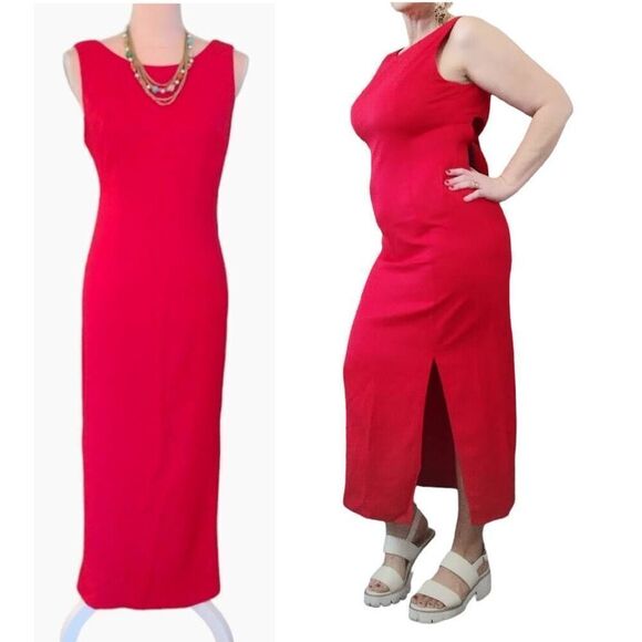 Vintage Red Sleeveless Open Back Midi Shift Dress Size 13/14 *fits like Large - Picture 3 of 14